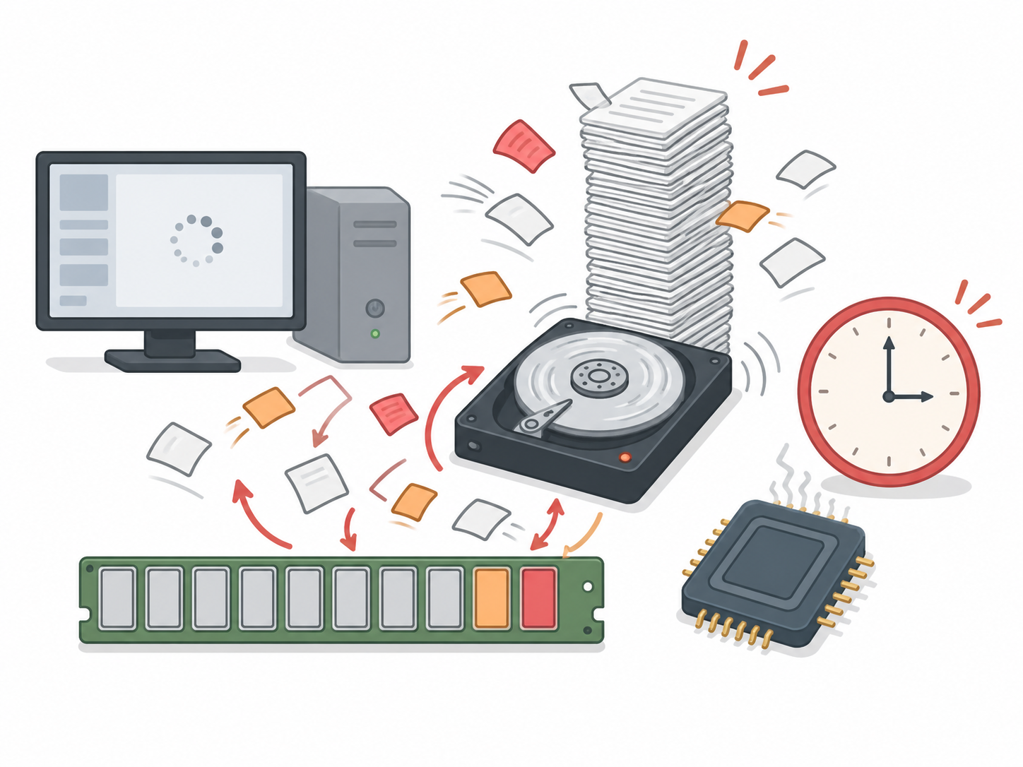 Disco saturado de solicitudes, páginas volando entre RAM y disco, CPU humeante e inactiva: el sistema colapsa en hiperpaginado.