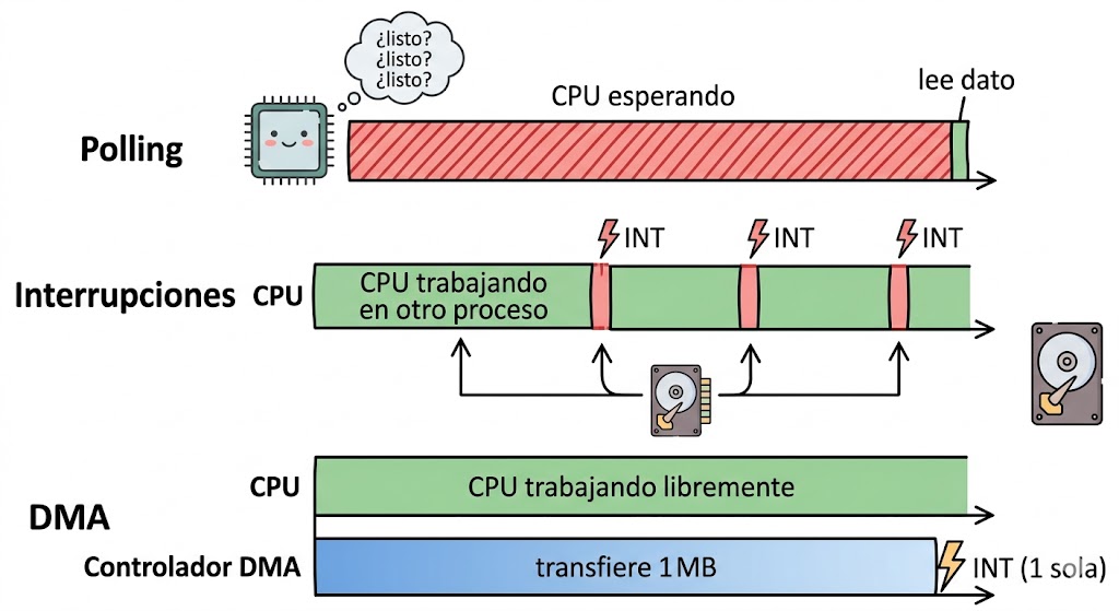 Tres formas de coordinar la espera, comparadas en una línea de tiempo. Polling: la CPU consume todo el tiempo preguntando “¿listo?” y solo al final lee el dato. Interrupciones: la CPU avanza otros procesos y solo se desvía cuando el dispositivo eleva cada interrupción (INT). DMA: la transferencia completa la realiza el controlador DMA en paralelo a la CPU; ésta recibe una única interrupción al final.